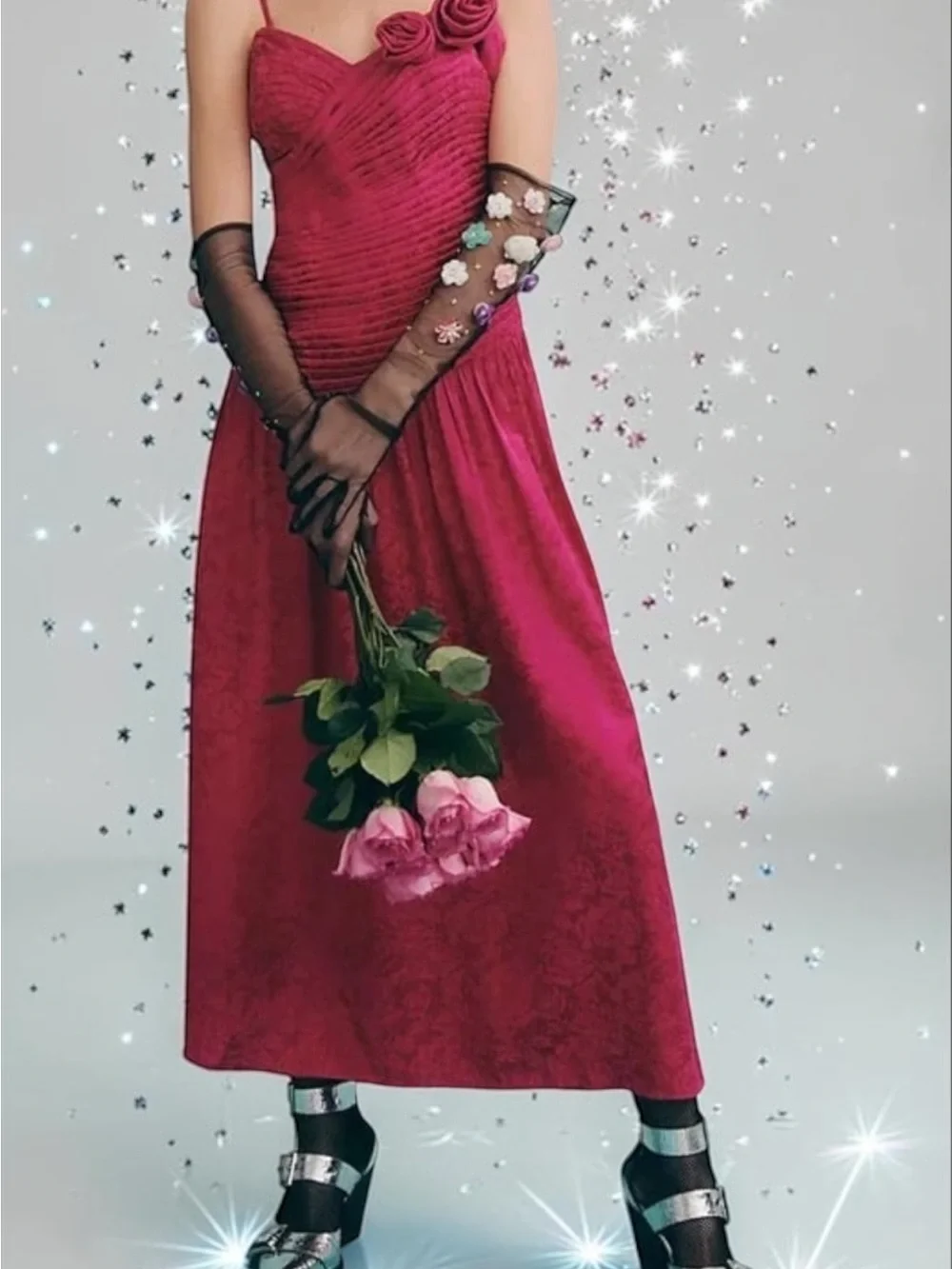 NWT Free People Make An Entrance Strapless Rosette Maxi Dress Fuchsia Size 8